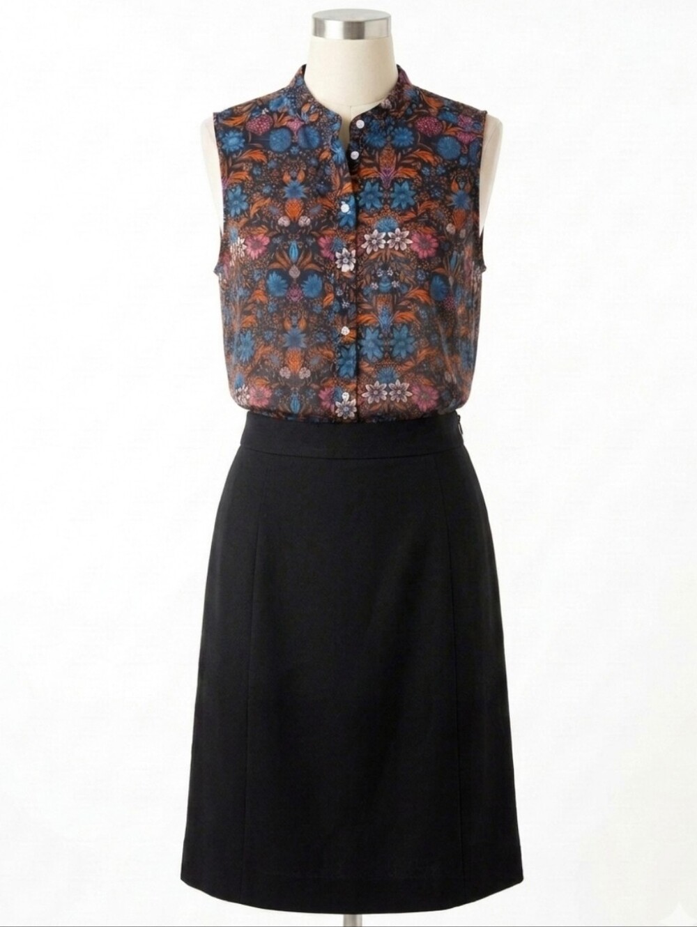 H&M Floral Collared Blouse Button Down Tunic Tank Top Sleeveless Flowers Flowy